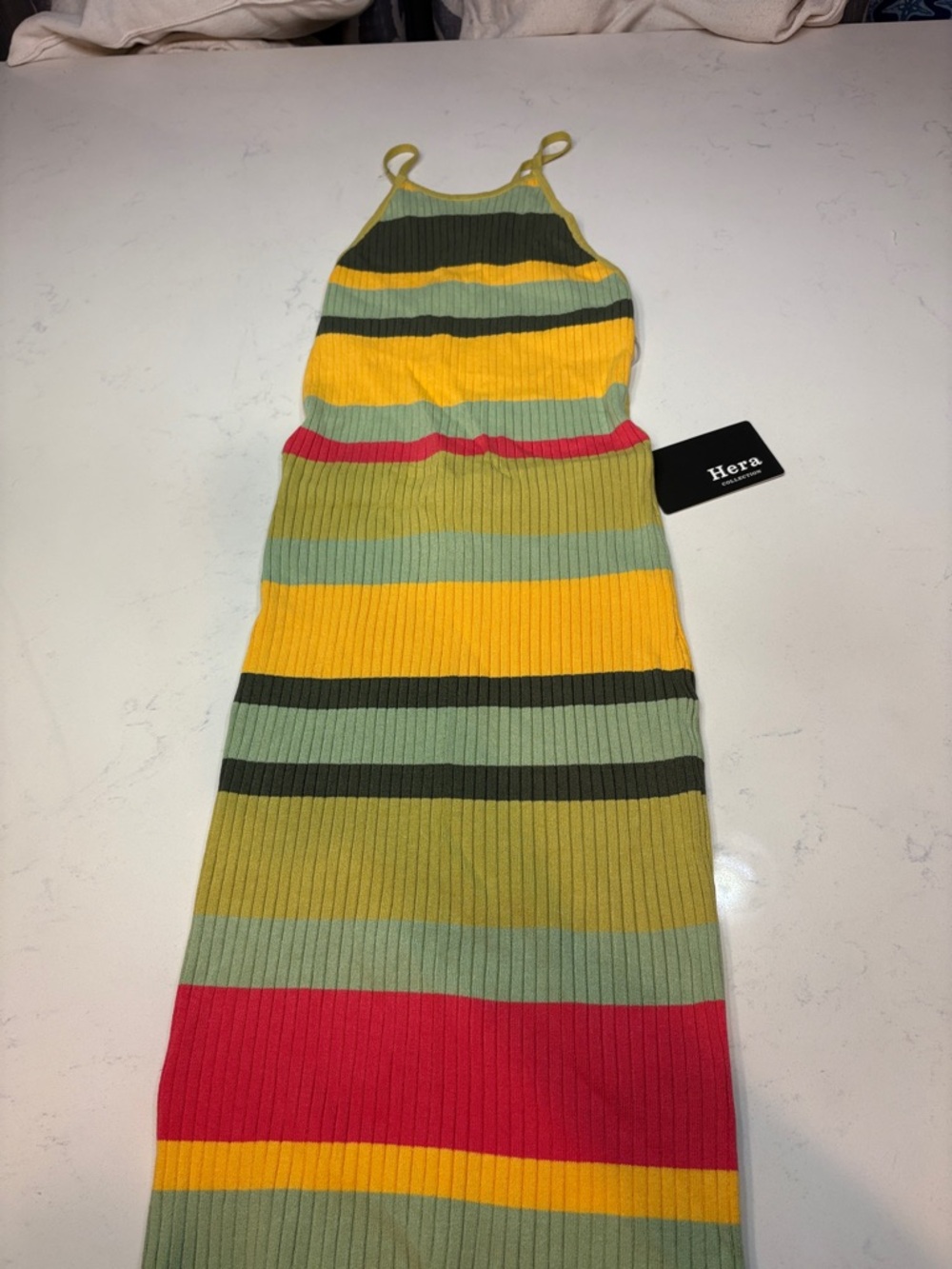 Hera Collection Striped Ribbed Knit Dress in Yellow, Green, Red, Black